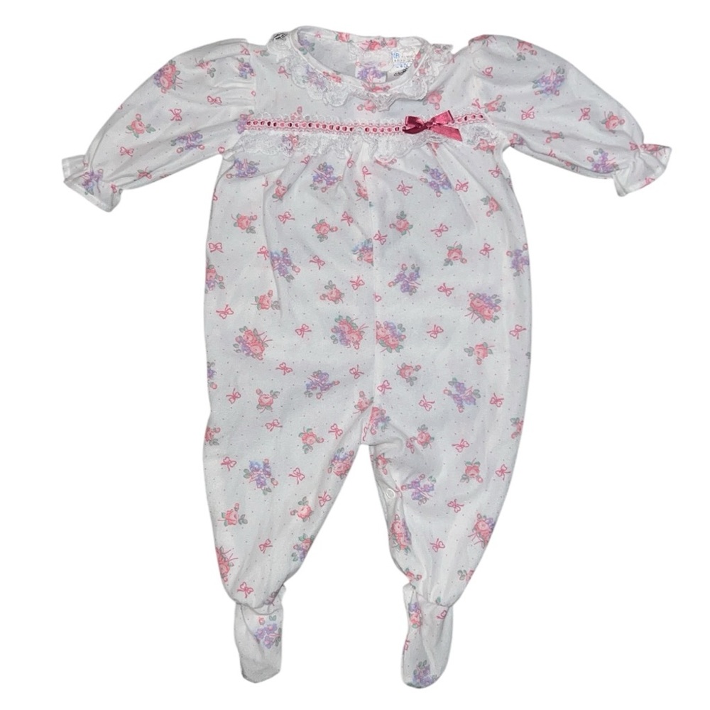 Vintage Early 90s Sears Newborn Footed Pajamas Floral with Lace & Ruffle Details